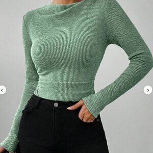 💚 SHEIN Ribbed Long Sleeve Bodysuit Olive Green Size M